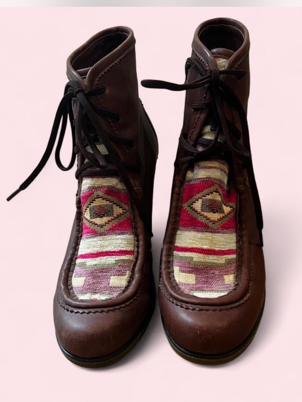 HOLDING HORSES Brown Leather Lace-Up Boots with Pink Patterned Inset